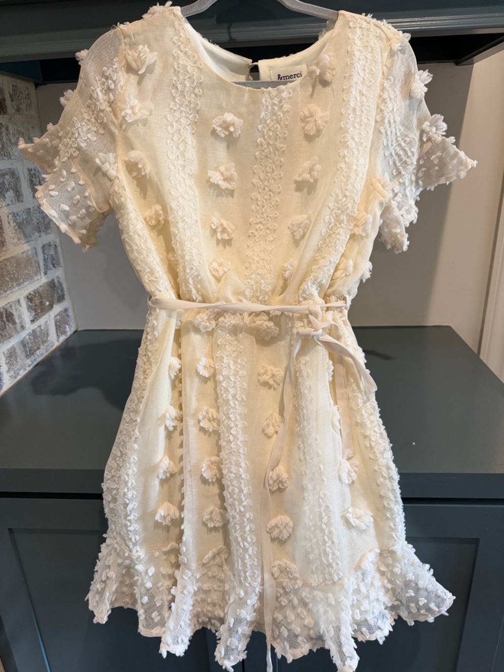 Women's Cream Textured Midi Dress with Waist Tie